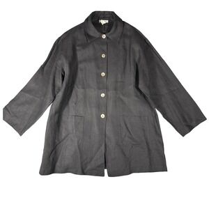 Womens Vintage Black Linen Jacket Oversized Button Pocket Coat Plus Size 2W